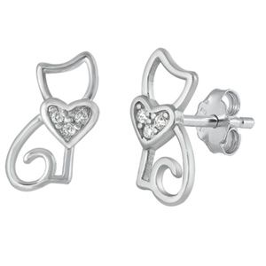 .925 Sterling Silver Clear CZ Cat Stud Earrings